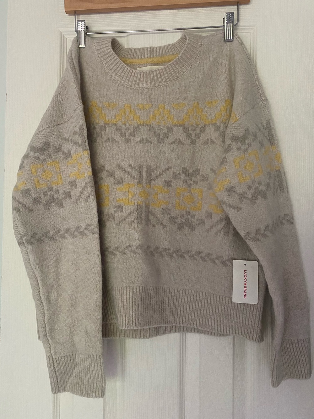 Lucky Brand Crewneck Fair Isle Sweater in Light Beige and Yellow